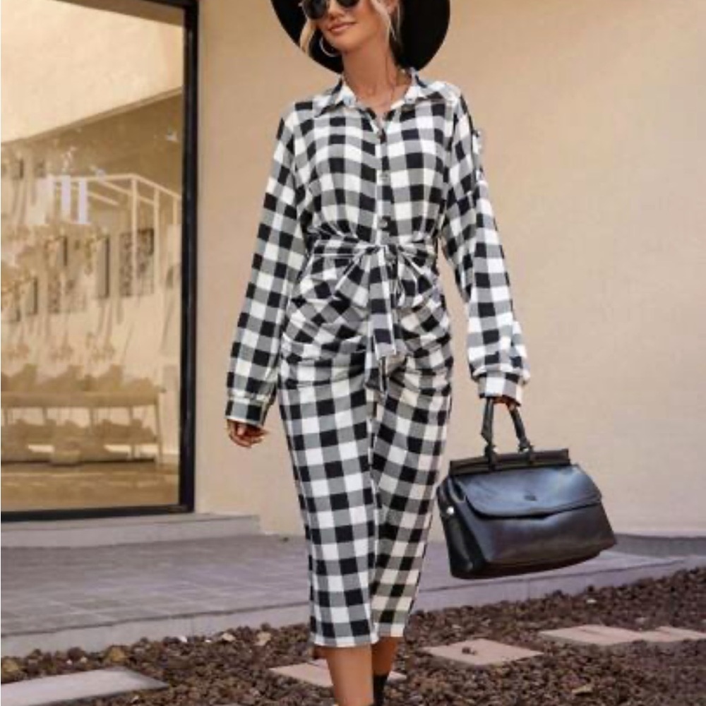 Black and White Plaid Ruched Dress